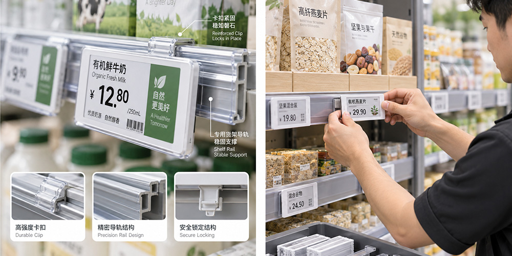 Conceptual retail applications of rails, hook mounts and countertop stands